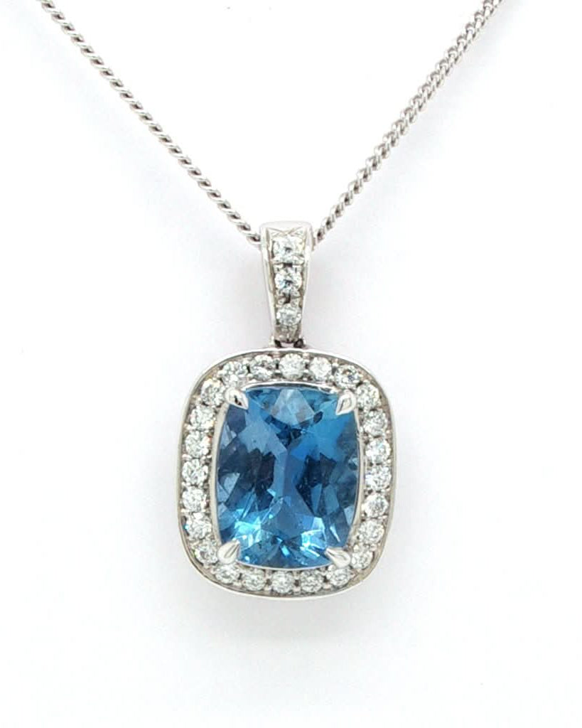 Ogden of Harrogate Jewellery An 18ct White Gold, Cushion Cut Aquamarine and Diamond Cluster Pendant