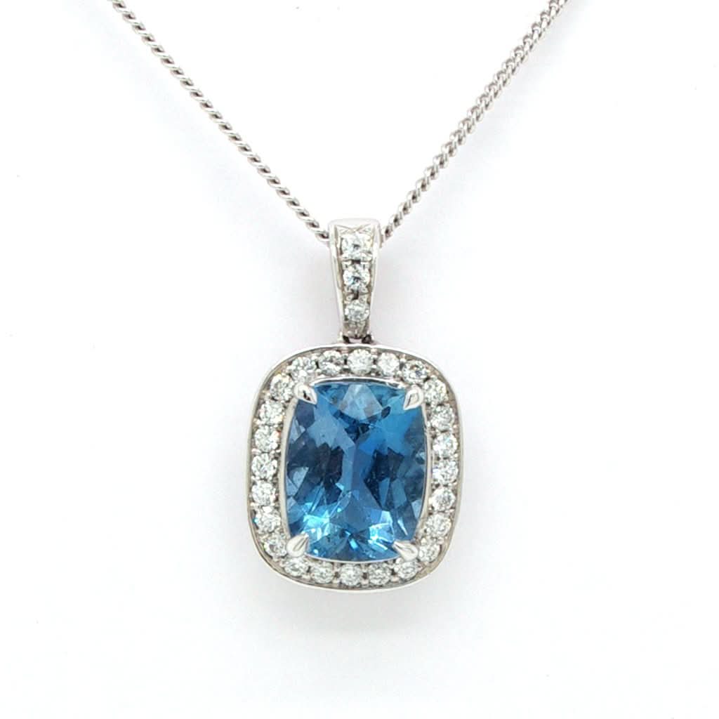 Ogden of Harrogate Jewellery An 18ct White Gold, Cushion Cut Aquamarine and Diamond Cluster Pendant