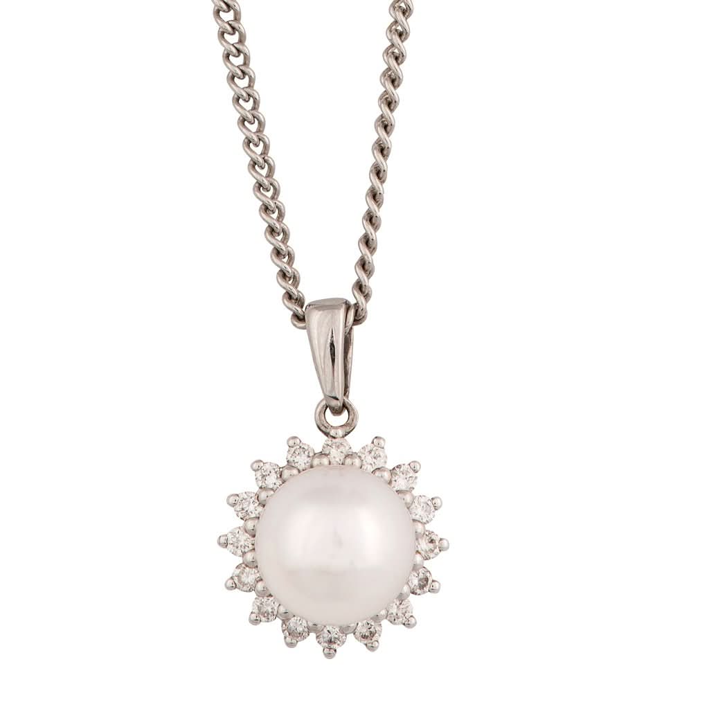 Ogden of Harrogate Jewellery An 18ct white gold, pearl and diamond cluster pendant on chain
