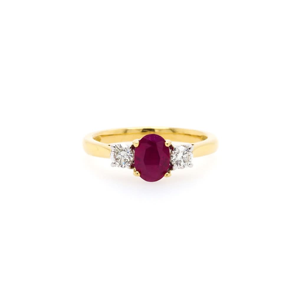Ogden of Harrogate Jewellery An 18ct Yellow Gold Three-Stone Oval Ruby and Diamond Ring