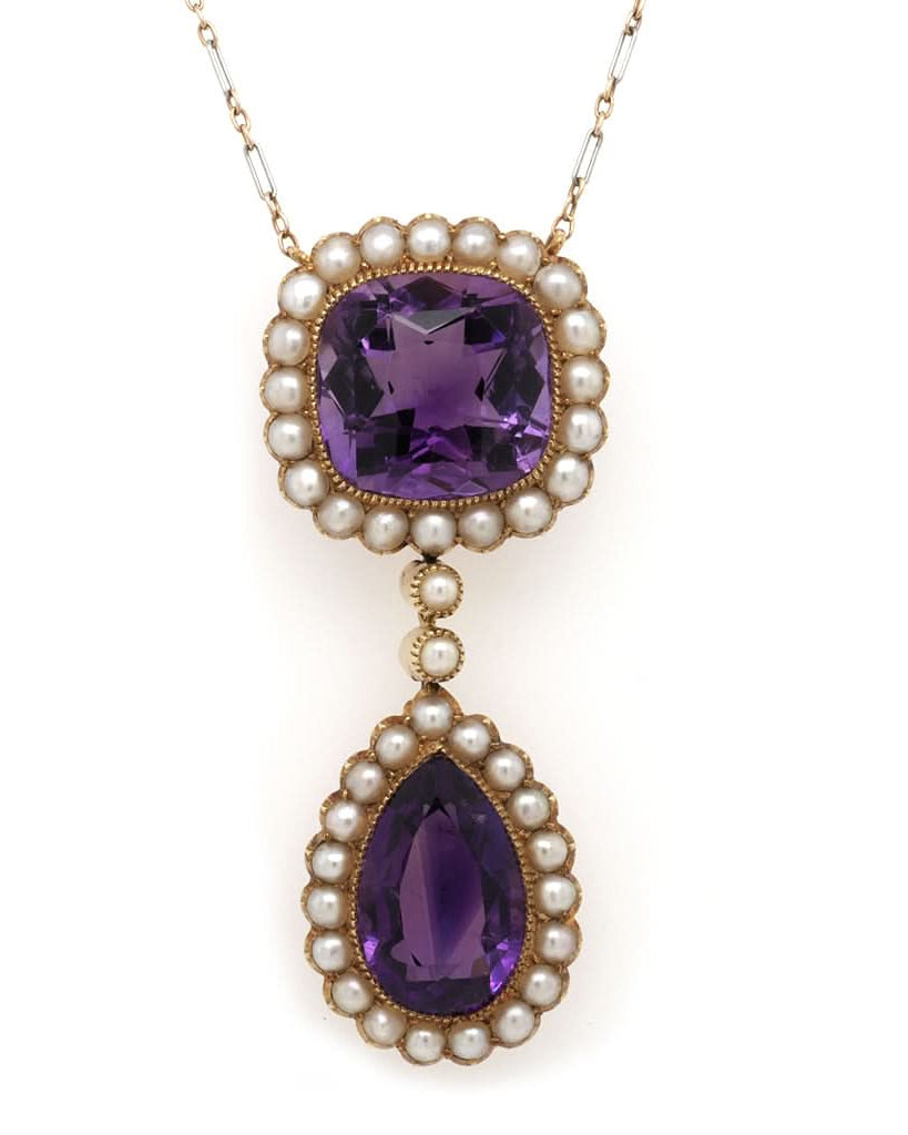 Ogden of Harrogate Jewellery An Edwardian 15ct Gold, Amethyst and Seed Pearl Drop Necklace