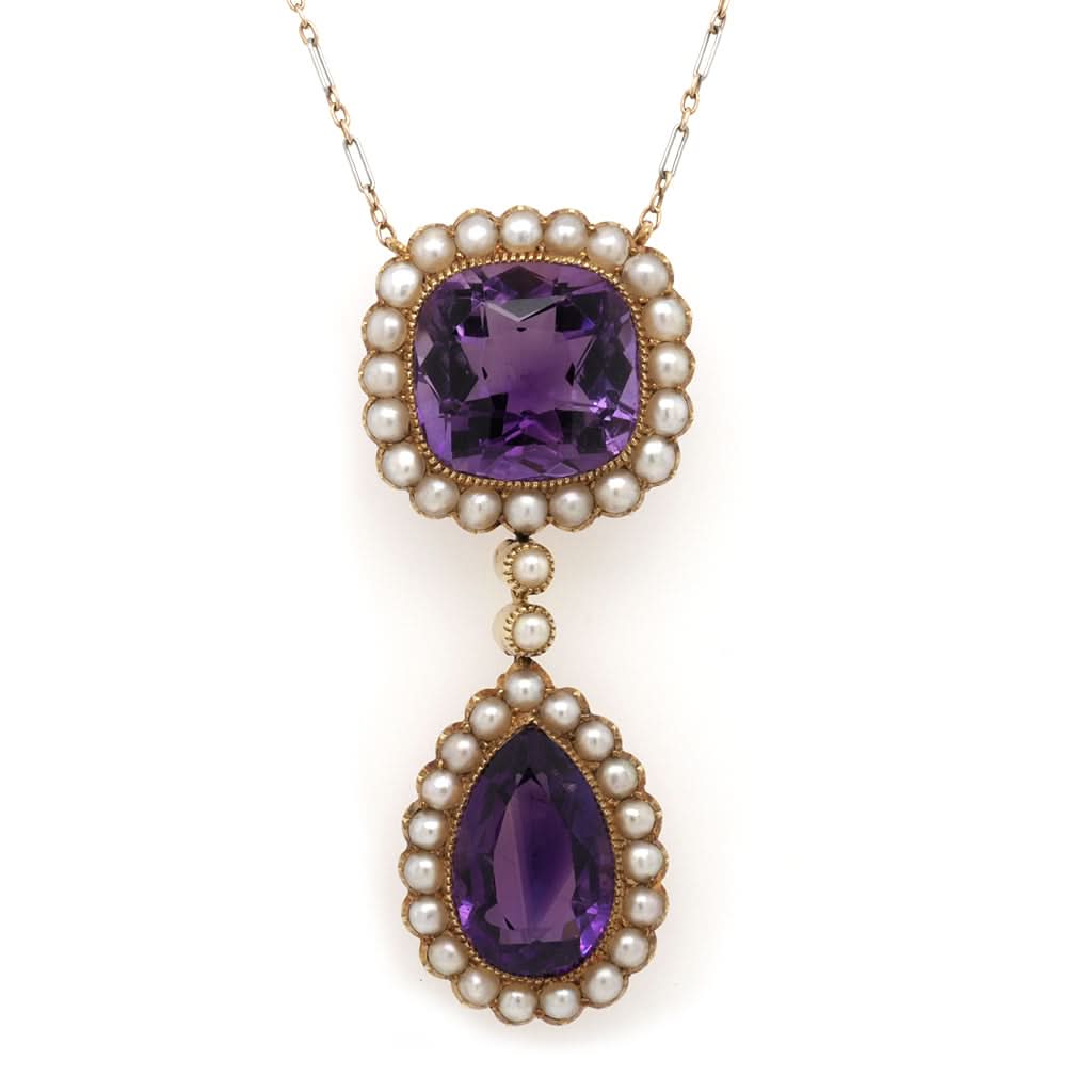 Ogden of Harrogate Jewellery An Edwardian 15ct Gold, Amethyst and Seed Pearl Drop Necklace