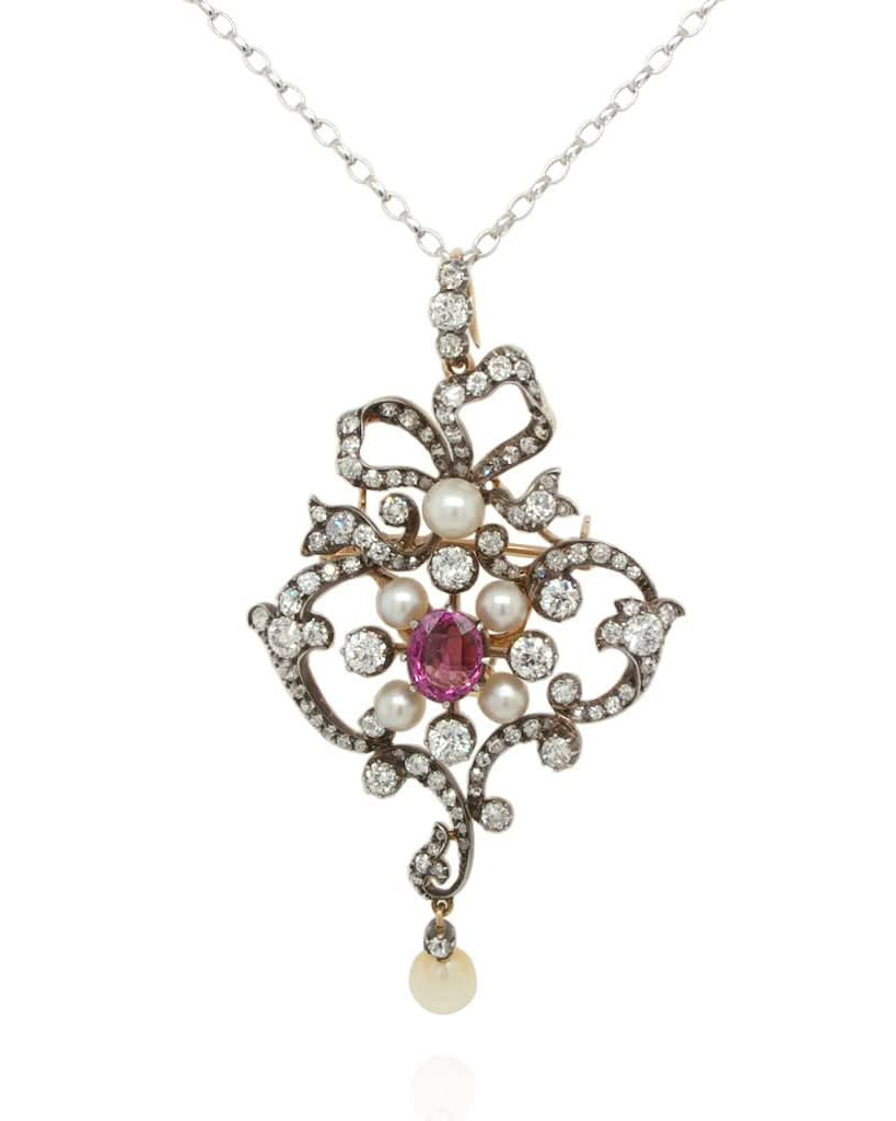 Ogden of Harrogate Jewellery Art Nouveau Silver and Gold Ornate Diamond, Pearl and Spinel Brooch Pendant, c.1910