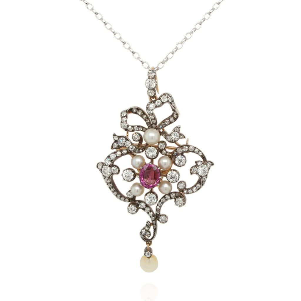 Ogden of Harrogate Jewellery Art Nouveau Silver and Gold Ornate Diamond, Pearl and Spinel Brooch Pendant, c.1910