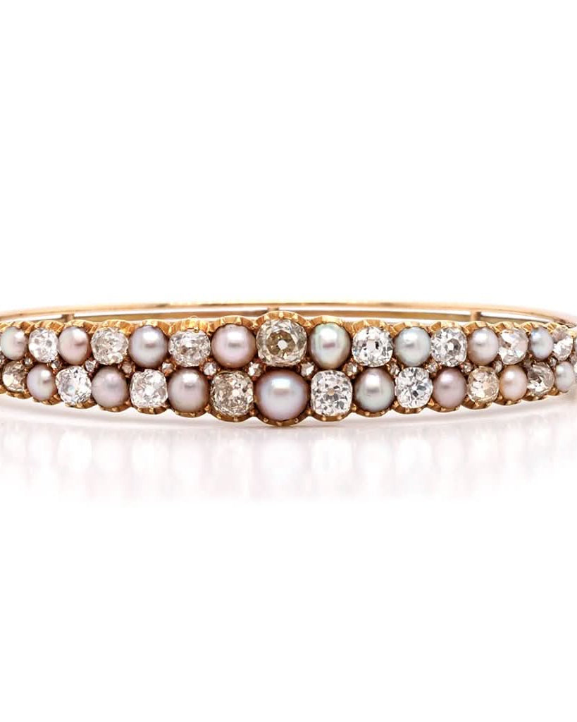 Ogden of Harrogate Jewellery Edwardian 18ct Gold, Diamond and Pearl-Set Hinged Bangle, c. 1910