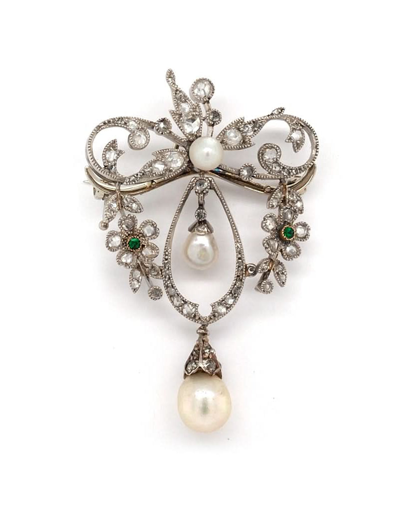 Ogden of Harrogate Jewellery Edwardian Platinum, Pearl, Emerald and Diamond Brooch / Pendant