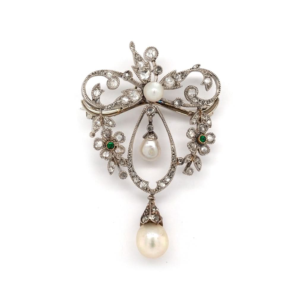 Ogden of Harrogate Jewellery Edwardian Platinum, Pearl, Emerald and Diamond Brooch / Pendant