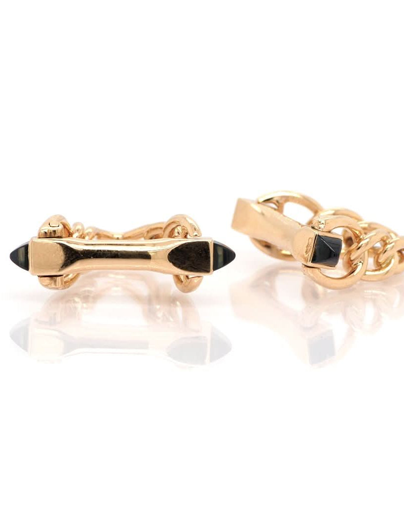 Ogden of Harrogate Jewellery Pair of 18ct Gold French Stirrup Shaped Cufflinks with Single Sapphire and Chain