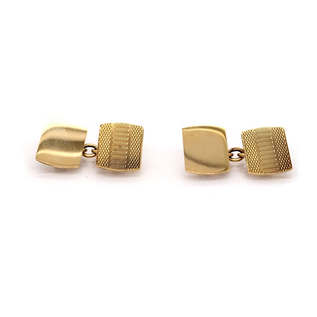 Ogden of Harrogate Jewellery Pair of Vintage 9ct Gold Rectangular Patterned Cufflinks with Chain Connectors