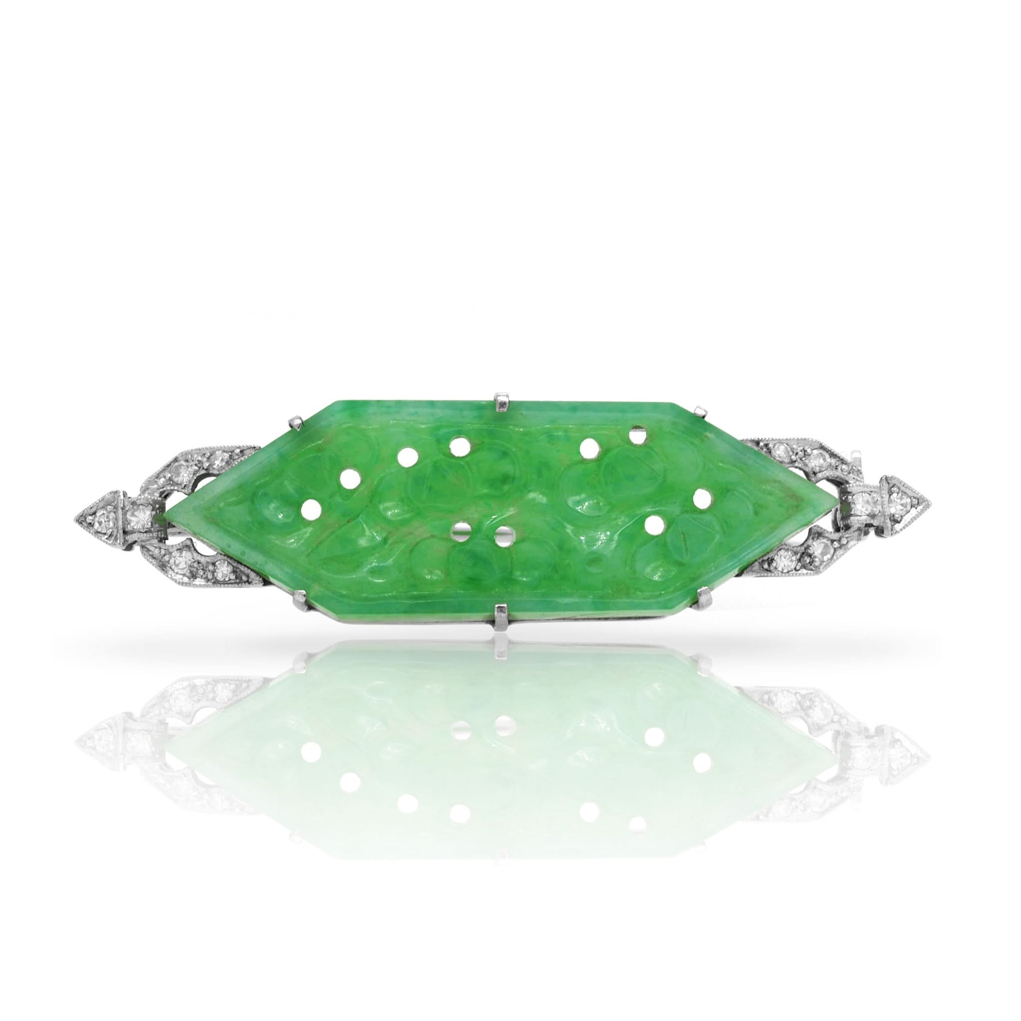 Ogden of Harrogate Jewellery Platinum Diamond and Jade Panel Brooch