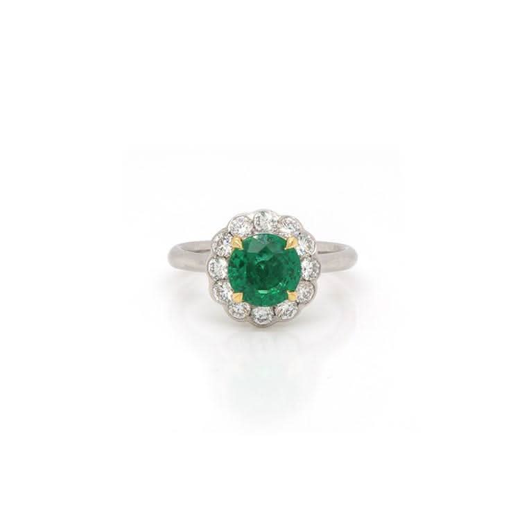 Ogden of Harrogate Jewellery Platinum Emerald and Diamond Cluster Ring