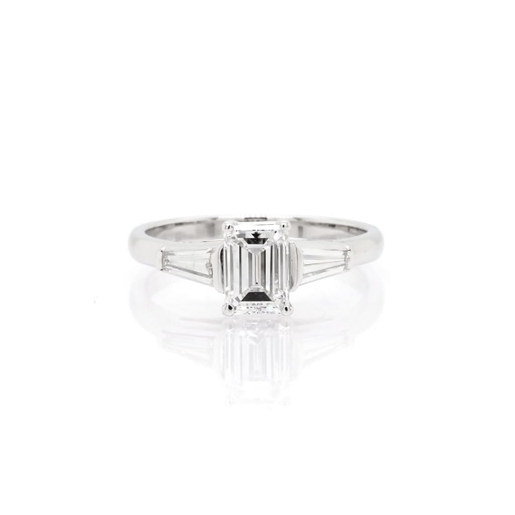 Ogden of Harrogate Jewellery Platinum Emerald-Cut Diamond Ring with Diamond-Set Shoulders