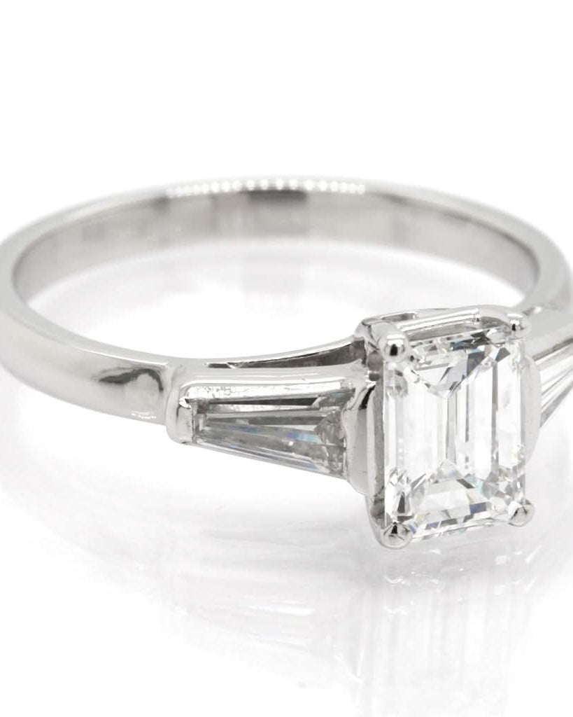 Ogden of Harrogate Jewellery Platinum Emerald-Cut Diamond Ring with Diamond-Set Shoulders