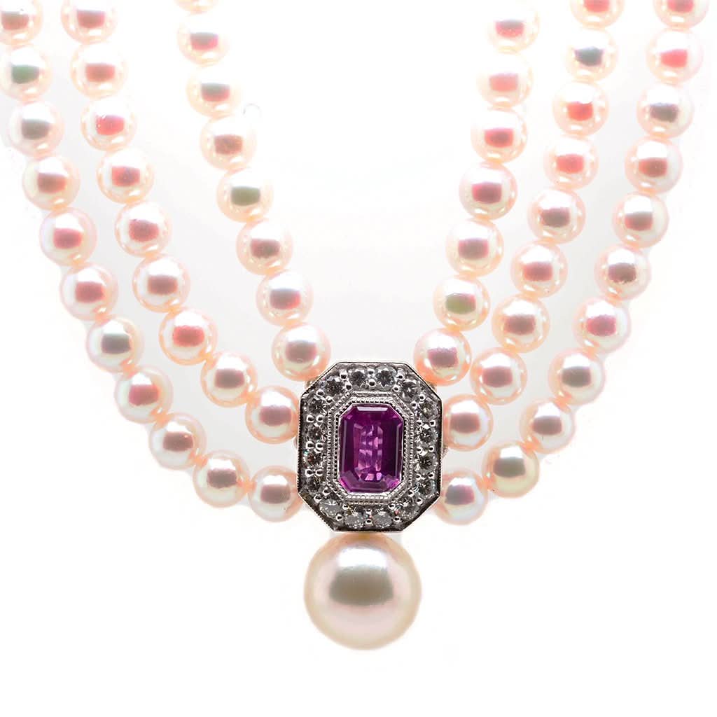 Ogden of Harrogate Jewellery Three Row Pearl Collar with Pink Sapphire and Clasp