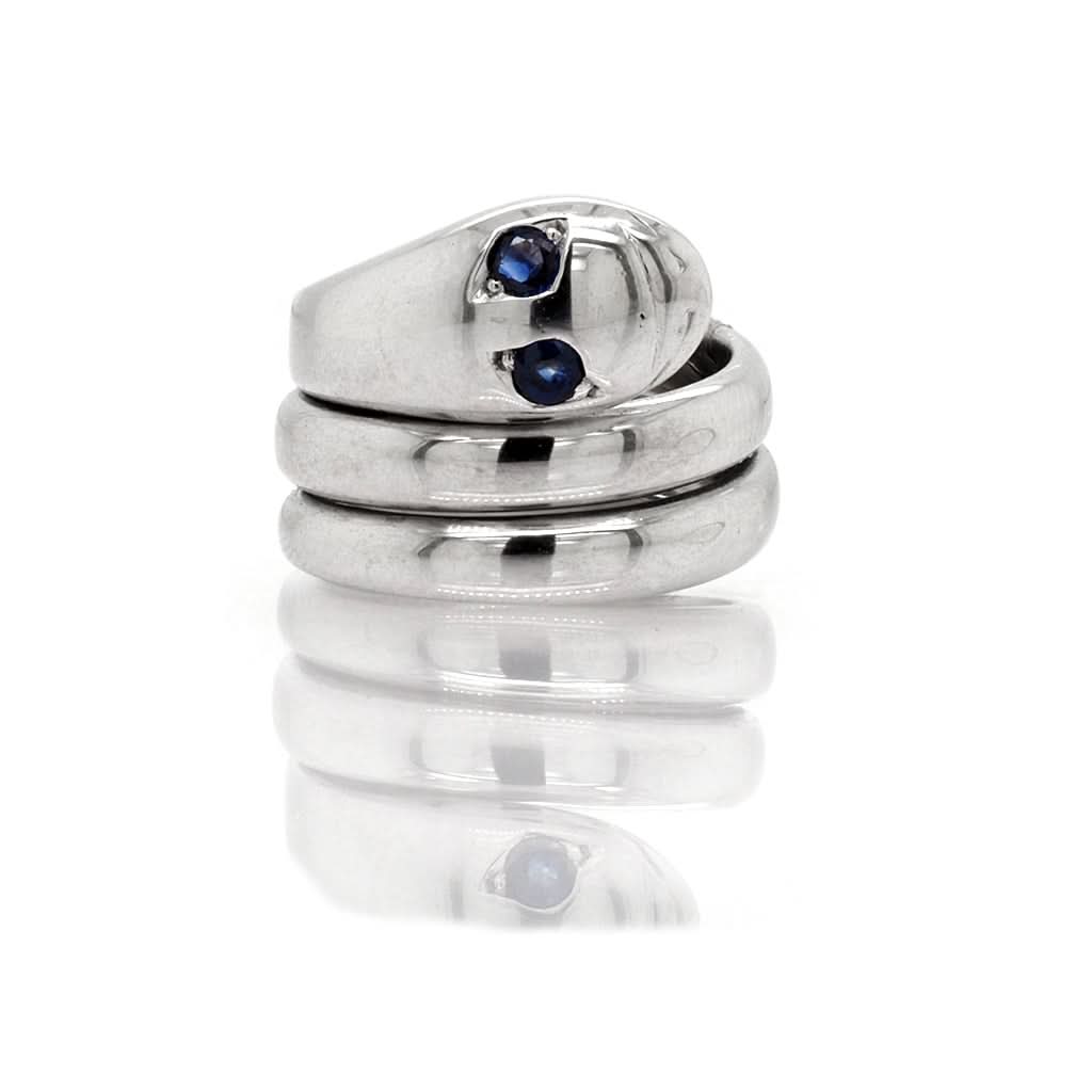 Ogden of Harrogate Jewellery Vintage 14ct White Gold Coiled Snake Ring with Blue Sapphire Eyes