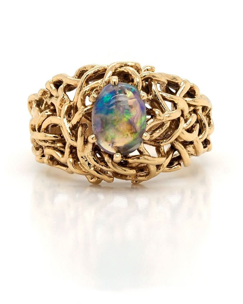 Ogden of Harrogate Jewellery Vintage 18ct Gold Openwork Ornate Dress Ring Set with Single Black Opal, c.1960