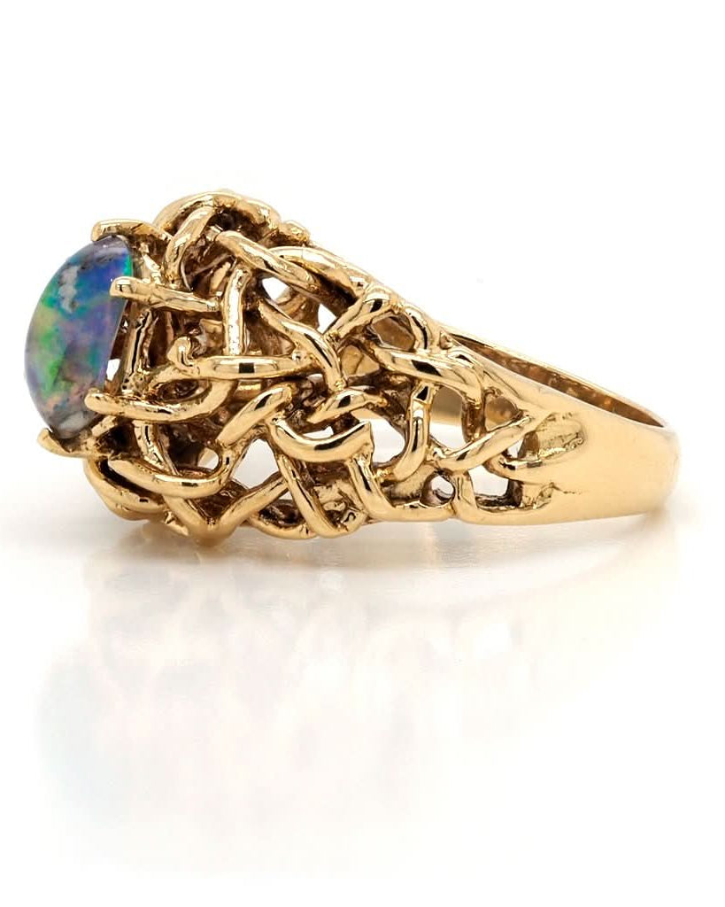 Ogden of Harrogate Jewellery Vintage 18ct Gold Openwork Ornate Dress Ring Set with Single Black Opal, c.1960