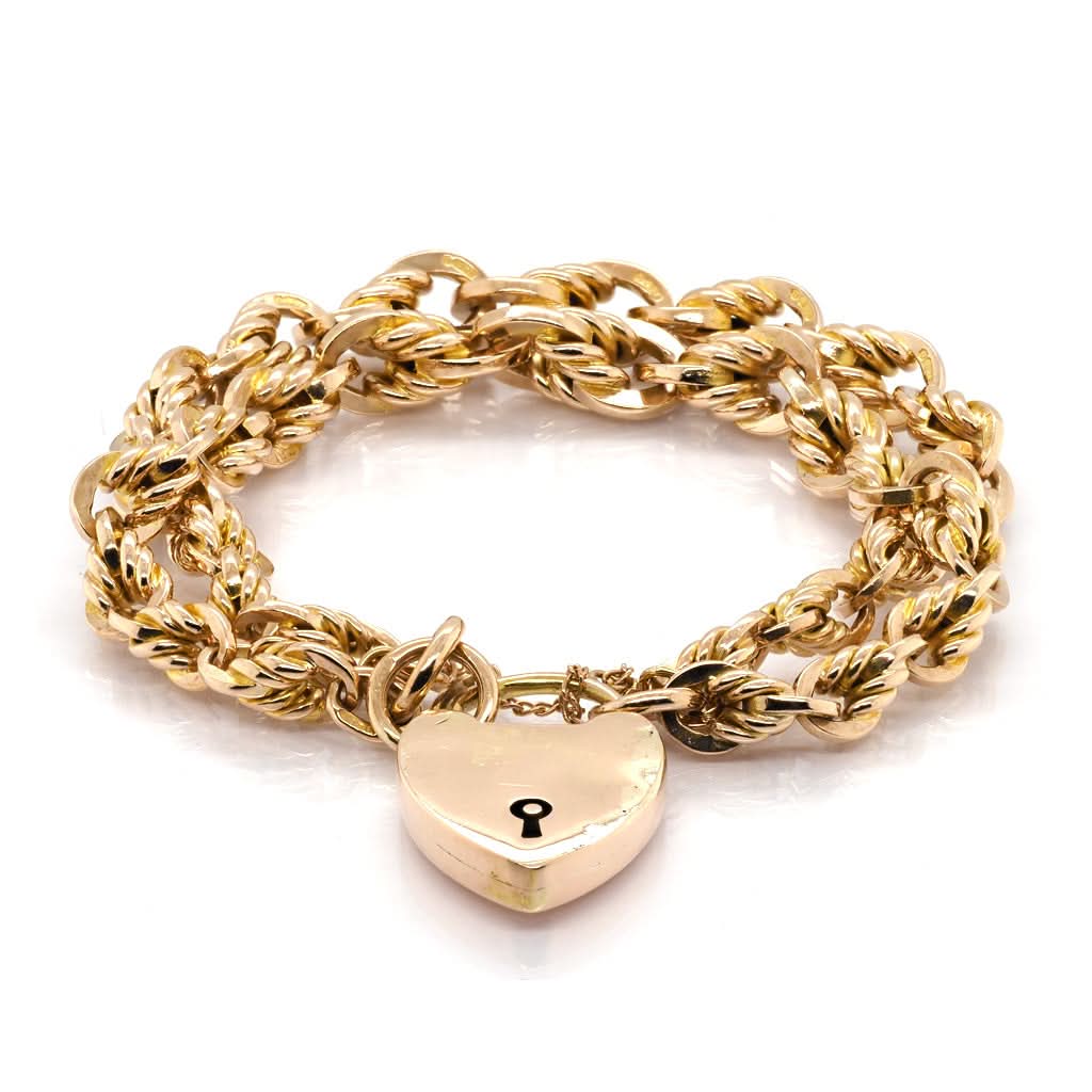 Ogden of Harrogate Jewellery Vintage 9ct Yellow Gold Double Chain Link Bracelet with Heart Padlock