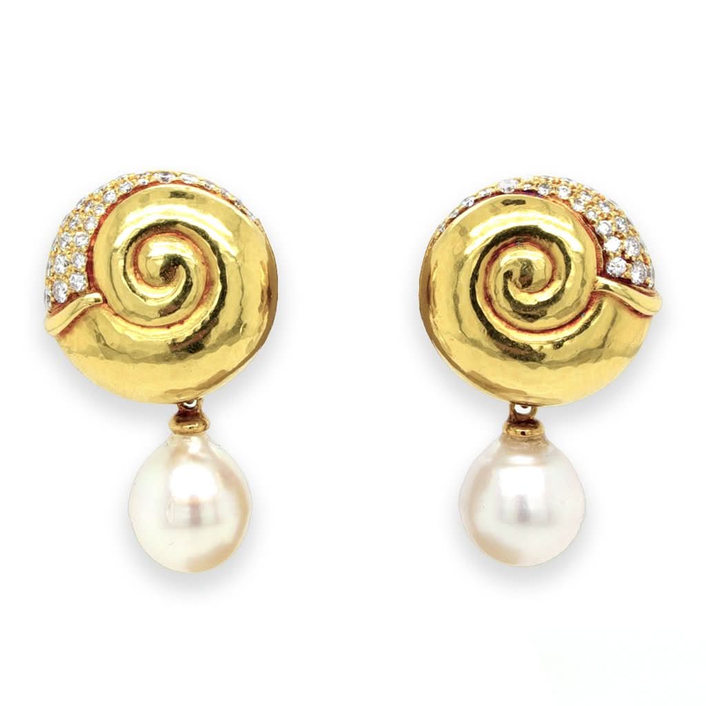 Ogden of Harrogate Jewellery Vintage De Vroomen 18ct Gold and diamond Spiral Earrings with pearl Drop