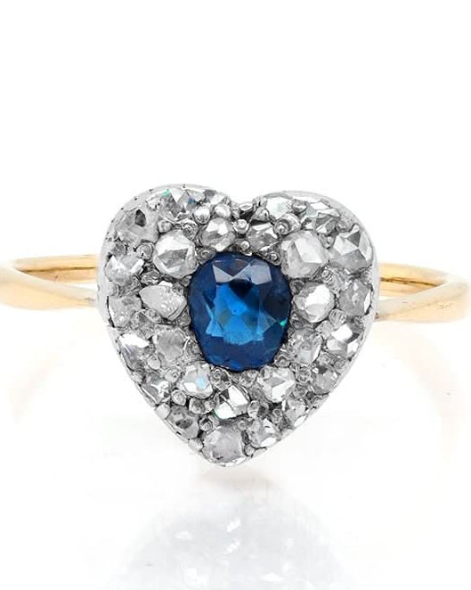 Ogden of Harrogate Jewellery Vintage Gold, Heart Shaped Sapphire and Diamond Cluster Ring