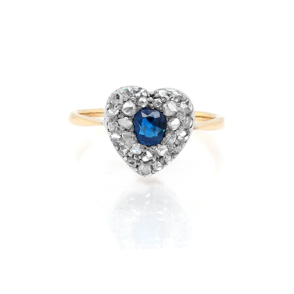 Ogden of Harrogate Jewellery Vintage Gold, Heart Shaped Sapphire and Diamond Cluster Ring