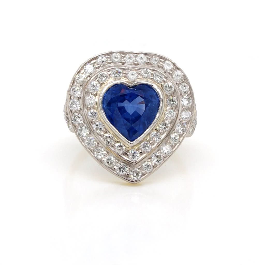Ogden of Harrogate Jewellery Vintage Gold, Heart Shaped Sapphire and Diamond cluster Ring, Sapphire 3.31cts