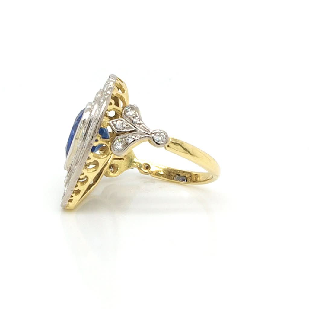 Ogden of Harrogate Jewellery Vintage Gold, Heart Shaped Sapphire and Diamond cluster Ring, Sapphire 3.31cts