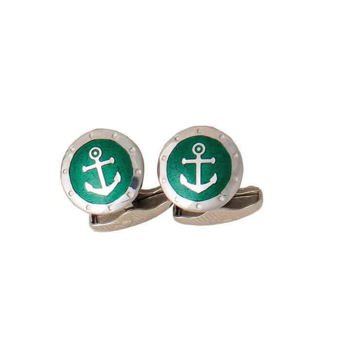 Ogden of Harrogate Mens Accessories A pair of silver and enamel green anchor cufflinks with swivel bar connectors
