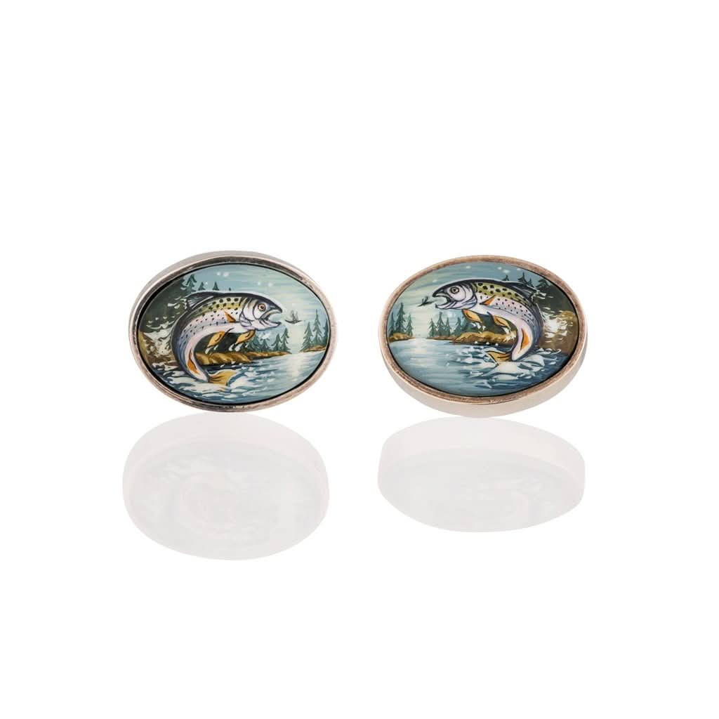 Ogden of Harrogate Mens Accessories A pair of silver and enamel hand painted salmon cufflinks