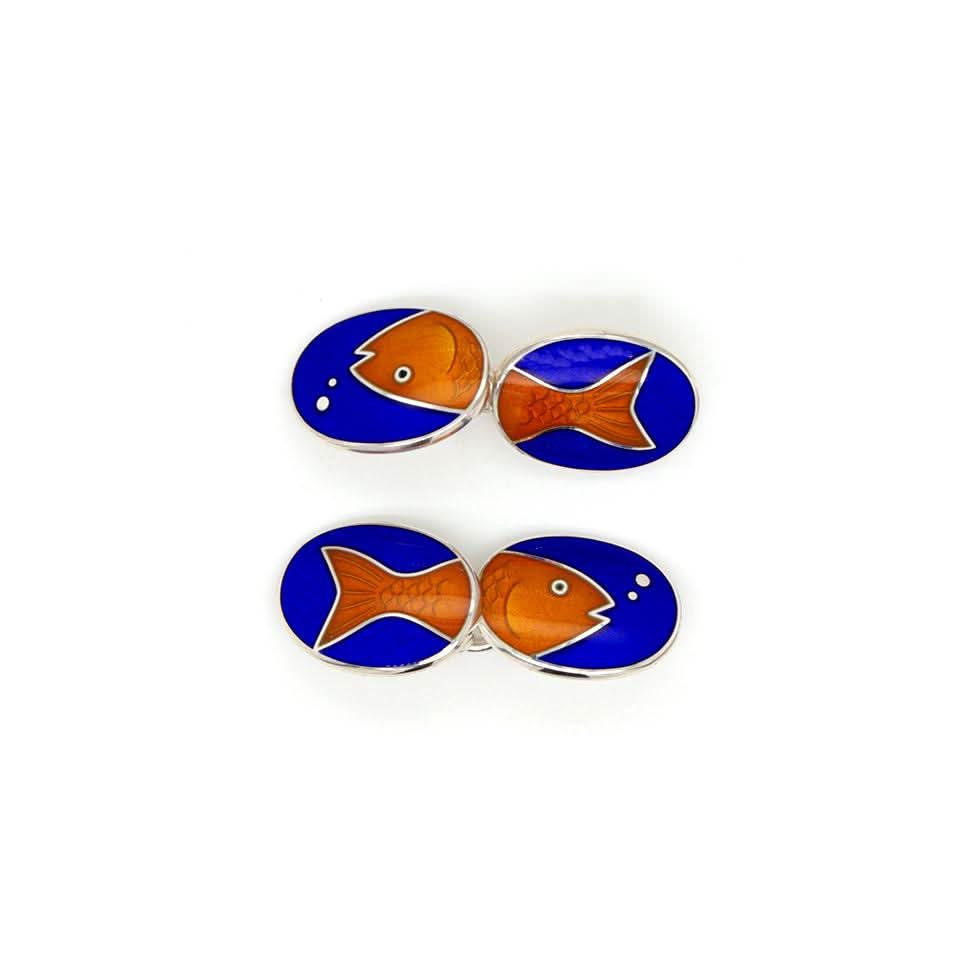 Ogden of Harrogate Mens Accessories A pair of silver and enamel head and tail fish cufflinks with chain connectors