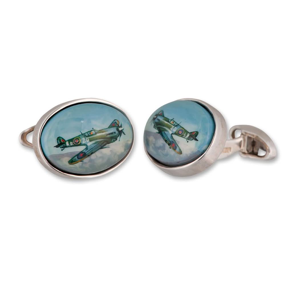 Ogden of Harrogate Mens Accessories A pair of silver and hand painted enamel spitfire cufflinks with swivel bar connectors