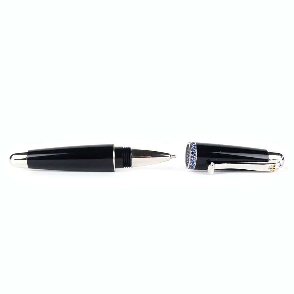 Ogden of Harrogate Silverware Homewares Gifts Favero Black Ball Point Pen Studded with Blue Sapphires