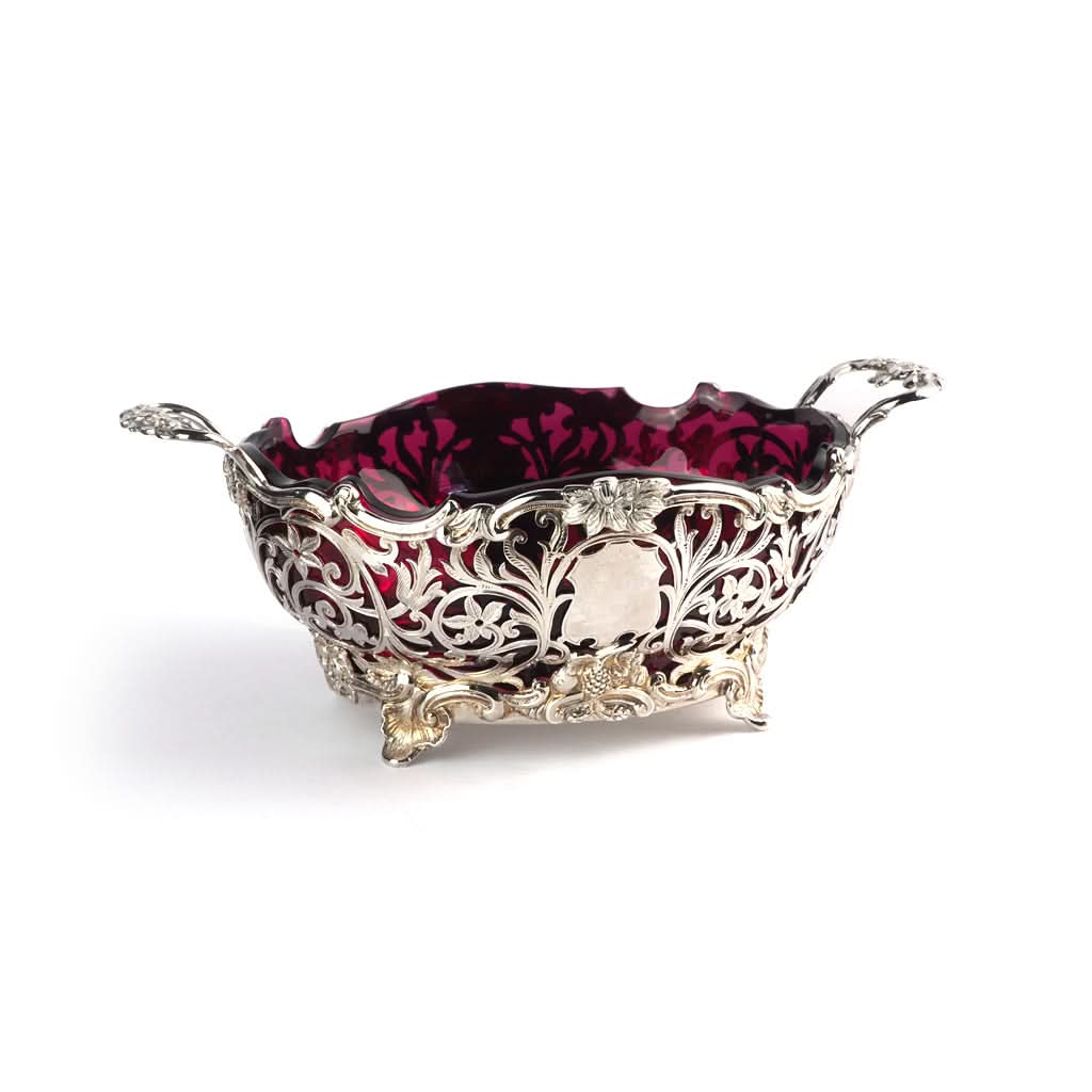Ogden of Harrogate Silverware Homewares Gifts Silver Cranberry Glass-Lined Oval Ornate Bowl