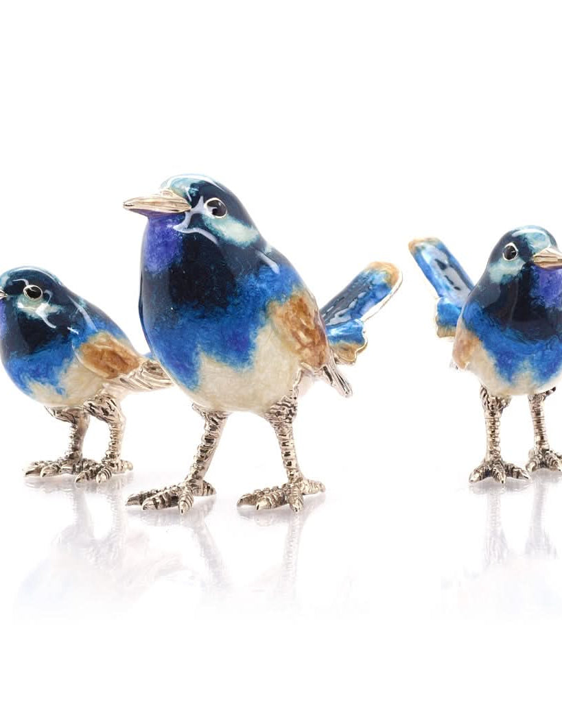 Ogden of Harrogate Silverware Homewares Gifts Silver Enamel Trio of Blue Wrens