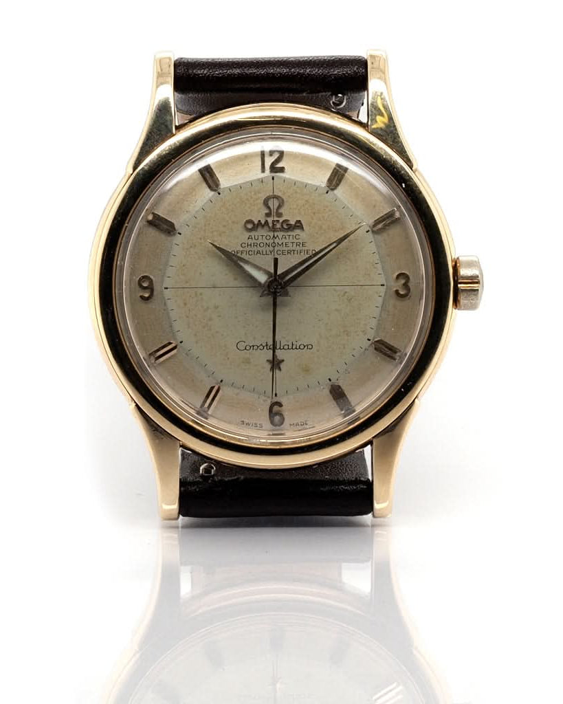 Ogden Vintage Watches Ogden Vintage Watch Omega Pie Pan Constellation 14ct Gold Automatic Watch on Leather Strap, c.1950s