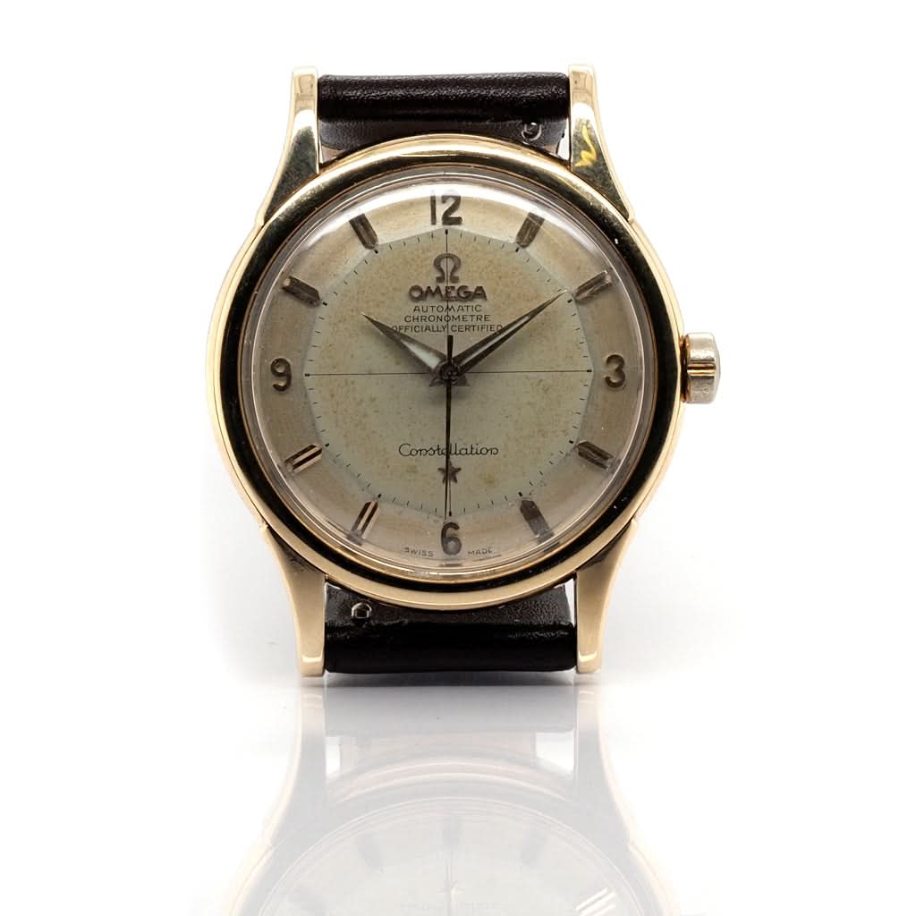 Ogden Vintage Watches Ogden Vintage Watch Omega Pie Pan Constellation 14ct Gold Automatic Watch on Leather Strap, c.1950s