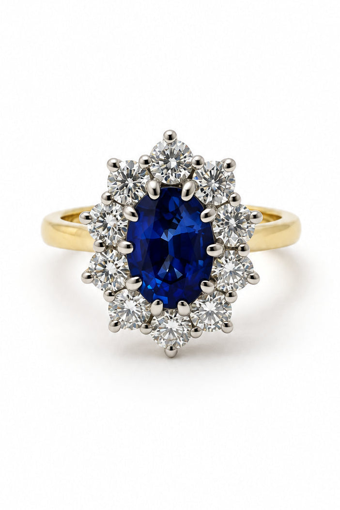 Ogden Of Harrogate Jewellery Oval Sapphire and Diamond Cluster Ring, 18ct Yellow Gold