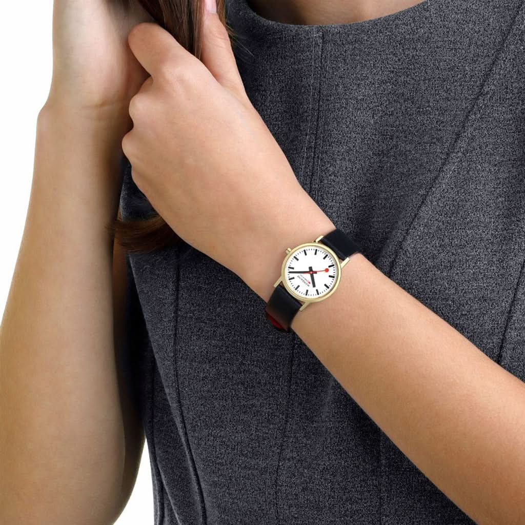 Mondaine Luxury Watches Mondaine Classic Black Vegan Grape Leather Strap Gold Case Watch A658.30323.10SBBV