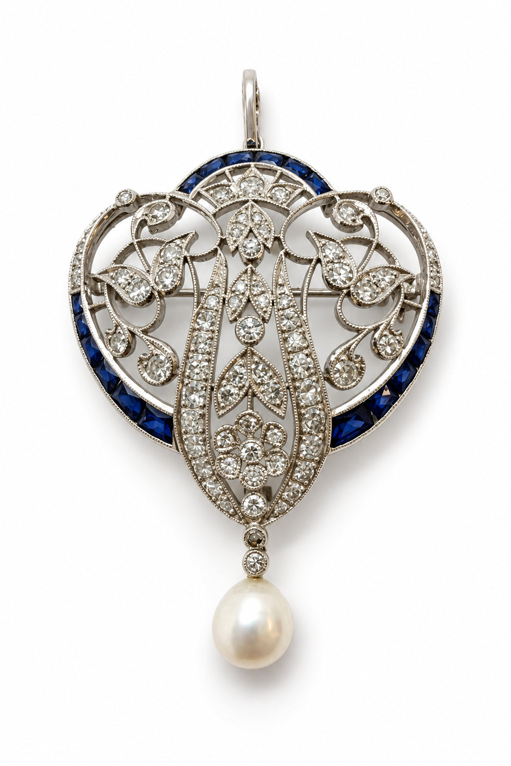 Ogden Of Harrogate Antique 18ct White Gold, Sapphire and Diamond Brooch Pendant