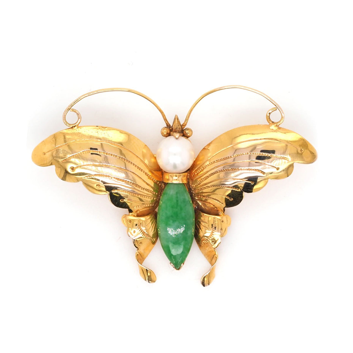 Ogden of Harrogate Jewellery 14ct Yellow Gold Jadeite and Pearl Butterfly Brooch