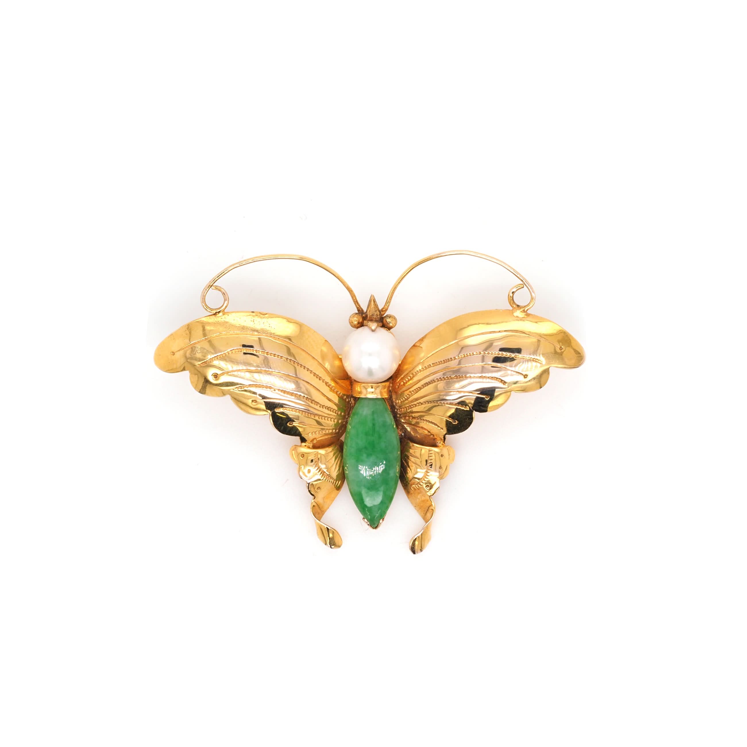 Ogden of Harrogate Jewellery 14ct Yellow Gold Jadeite and Pearl Butterfly Brooch