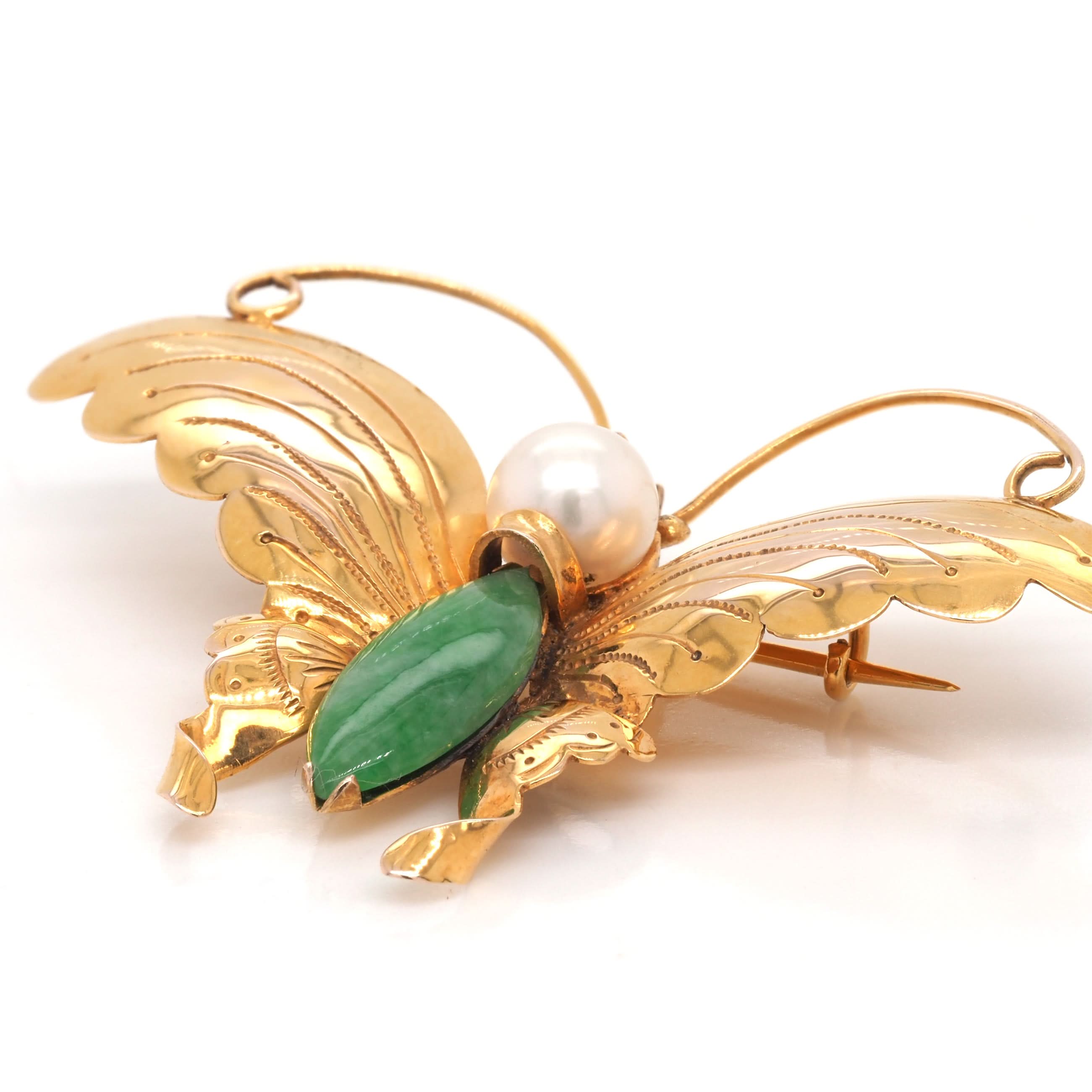 Ogden of Harrogate Jewellery 14ct Yellow Gold Jadeite and Pearl Butterfly Brooch