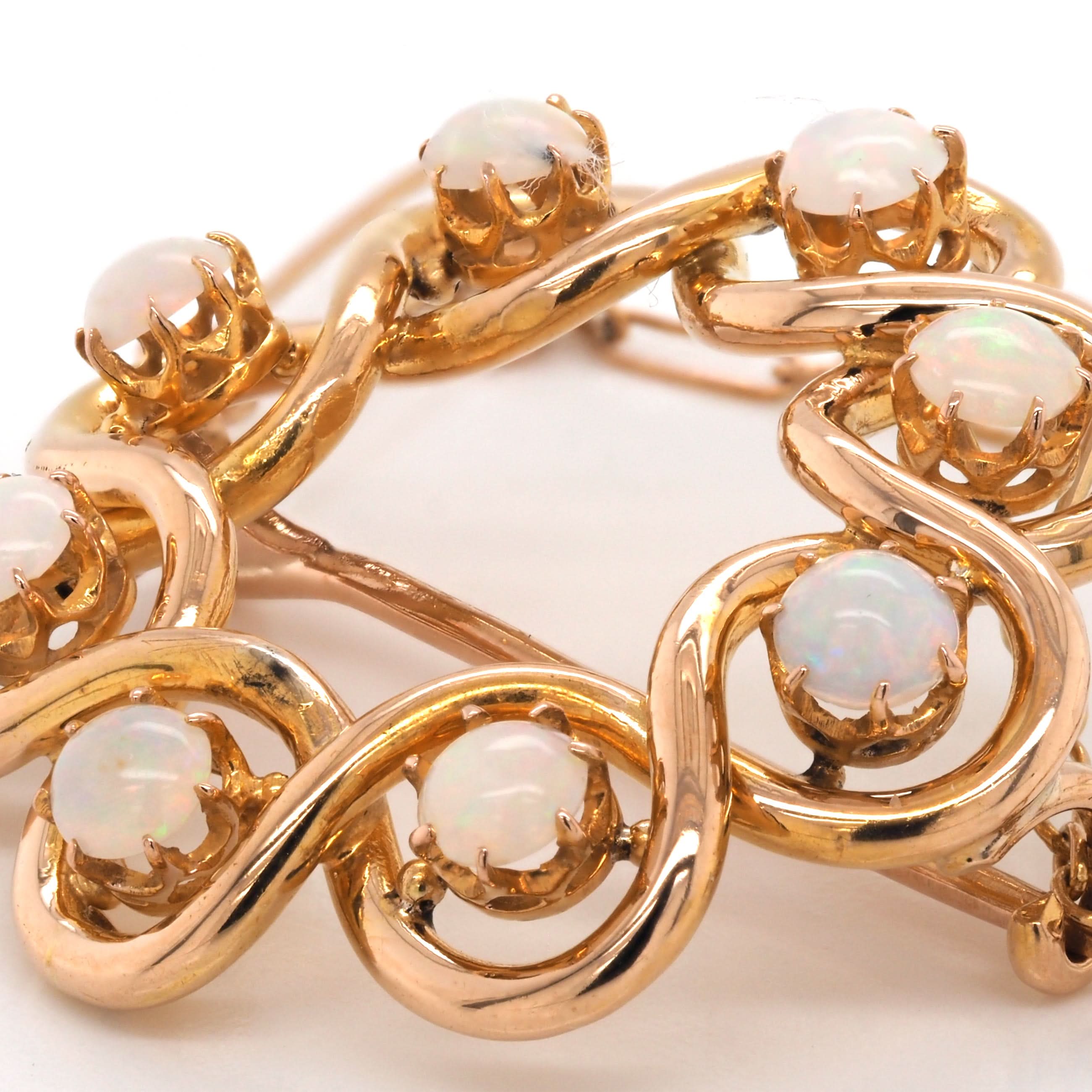 Ogden of Harrogate Jewellery 15ct Yellow Gold Opal-Set Circle Brooch with Safety Chain, c.1915