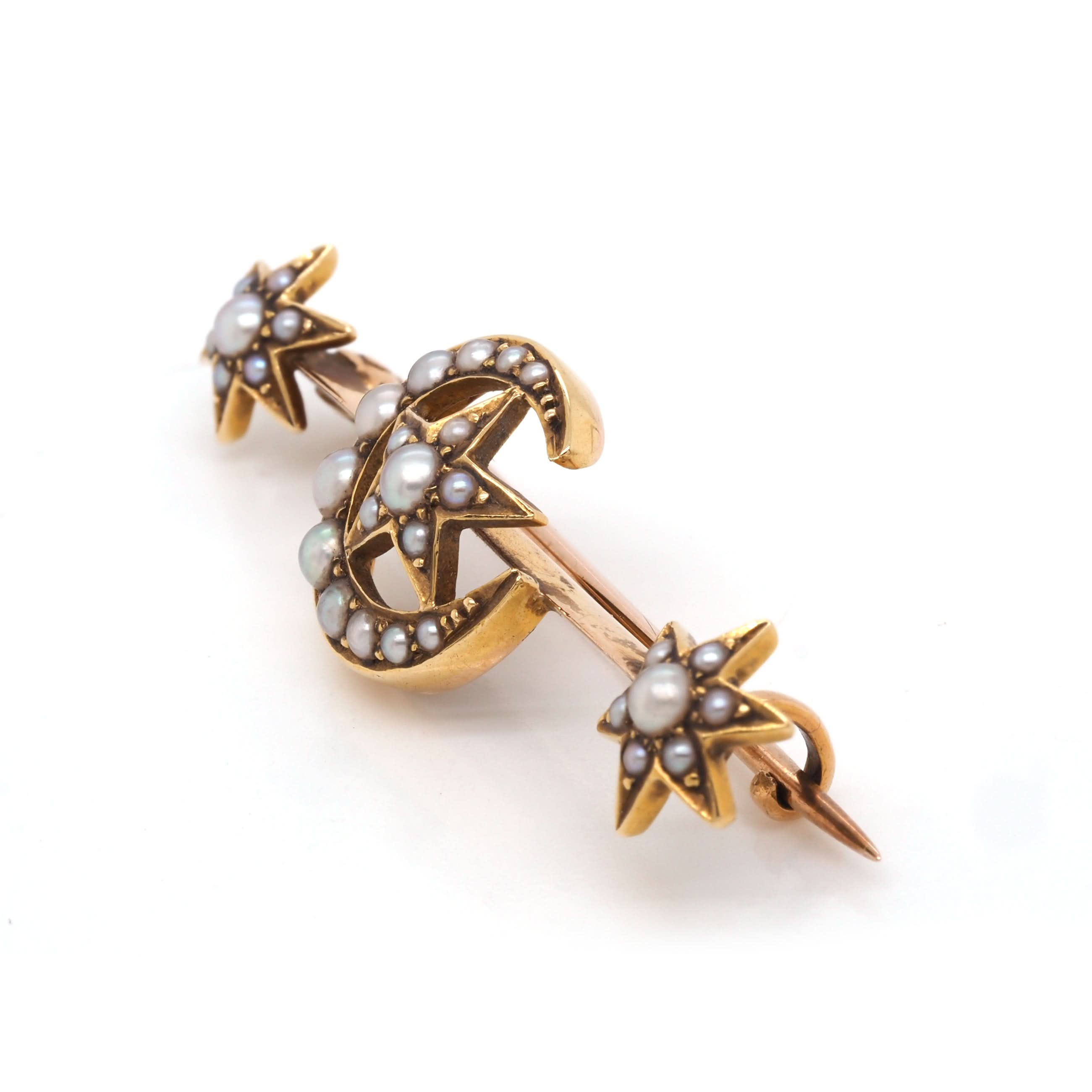 Ogden of Harrogate Jewellery 15ct Yellow Gold Pearl Crescent Moon and Stars Bar Brooch