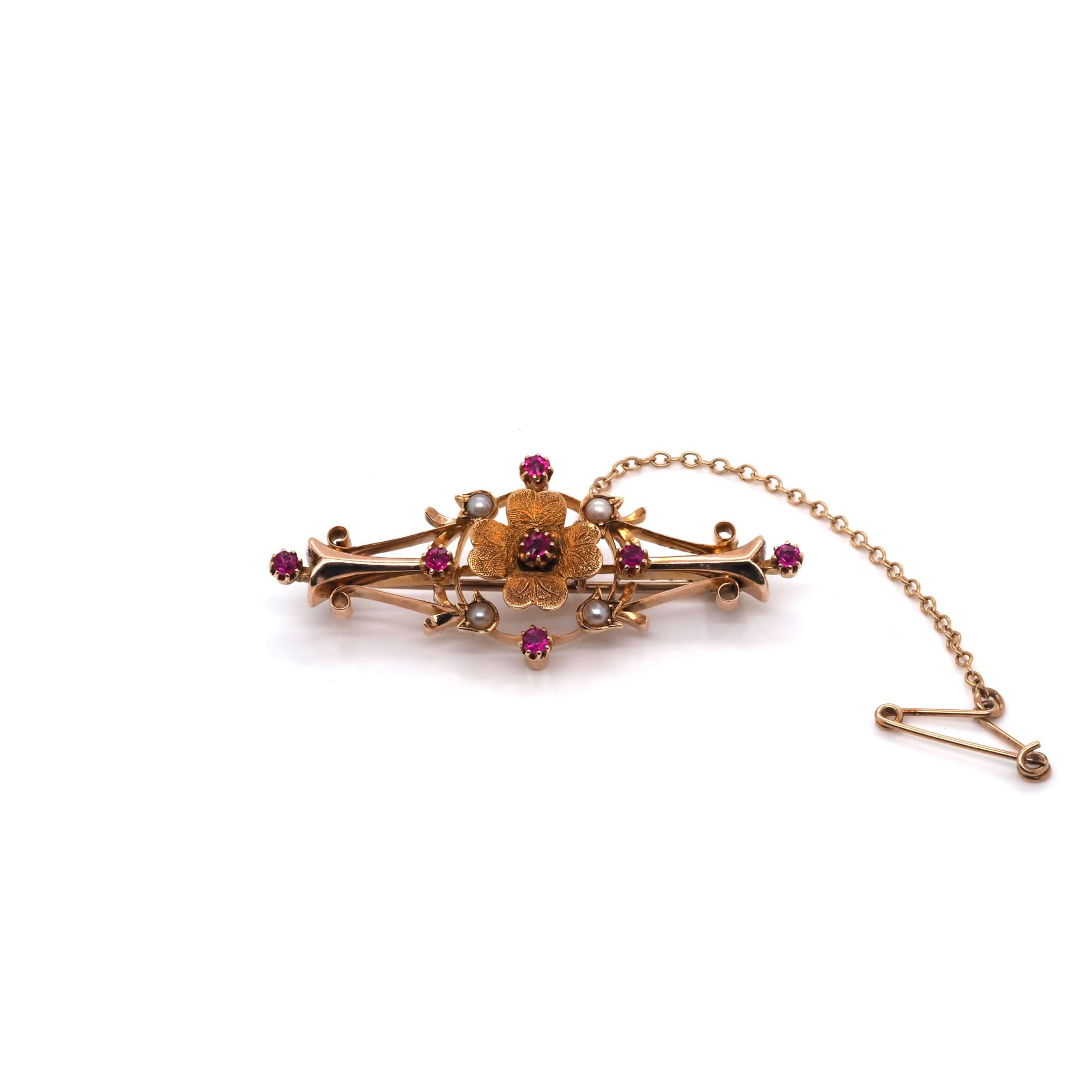 Ogden of Harrogate Jewellery 15ct Yellow Gold Ruby and Pearl Brooch, c.1930