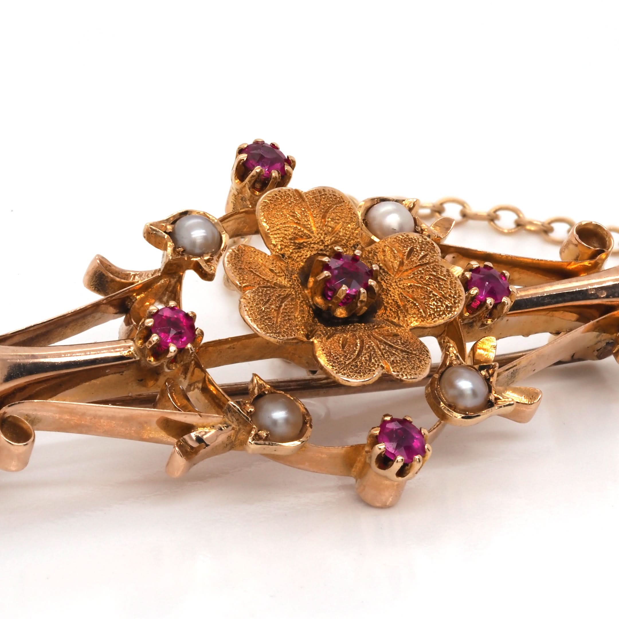 Ogden of Harrogate Jewellery 15ct Yellow Gold Ruby and Pearl Brooch, c.1930