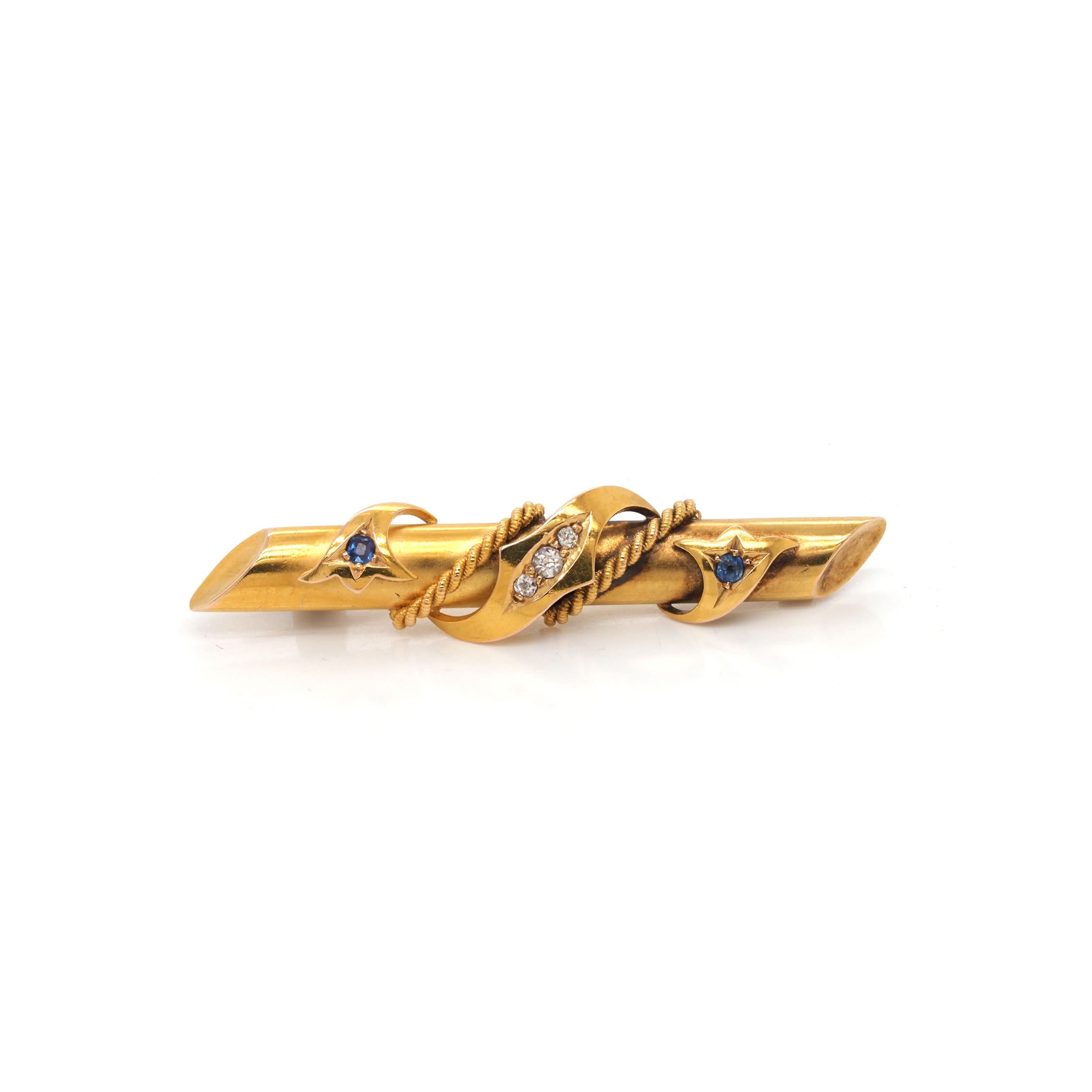 Ogden of Harrogate Jewellery 15ct Yellow Gold Sapphire and Diamond Bar Brooch, c.1915