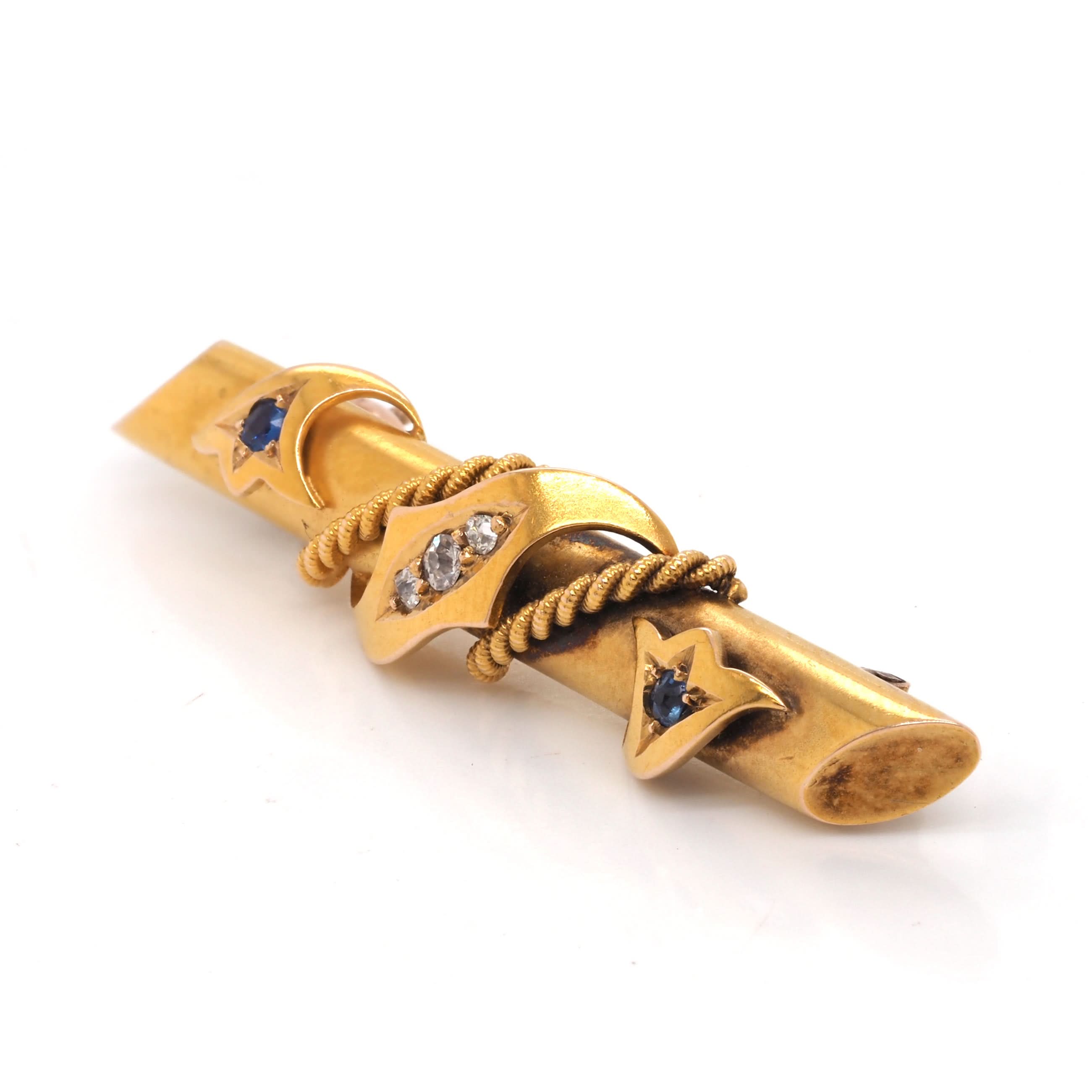 Ogden of Harrogate Jewellery 15ct Yellow Gold Sapphire and Diamond Bar Brooch, c.1915