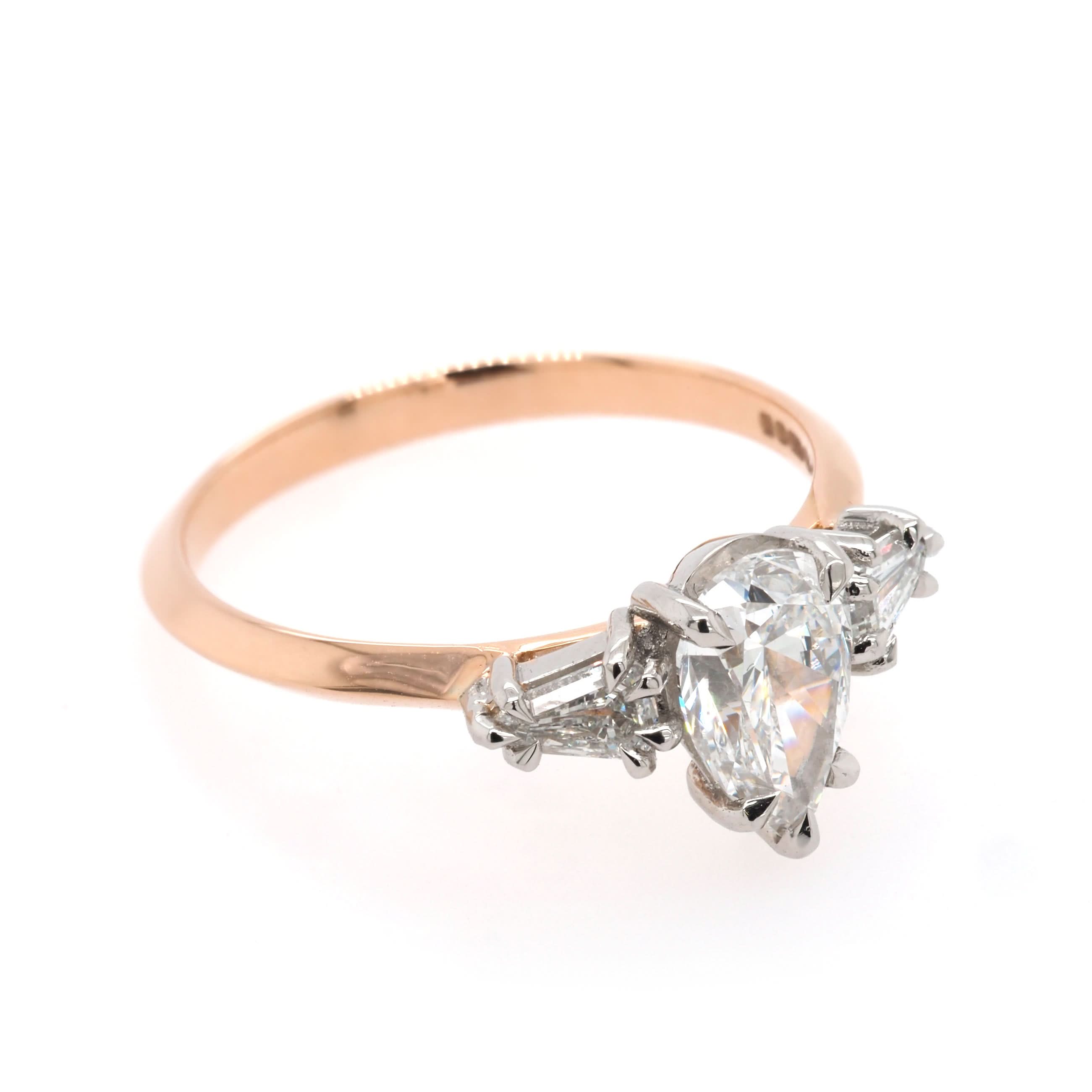 Ogden of Harrogate Jewellery 18ct Rose Gold Pear-Cut Diamond and Tapered Baguette Three-Stone Ring