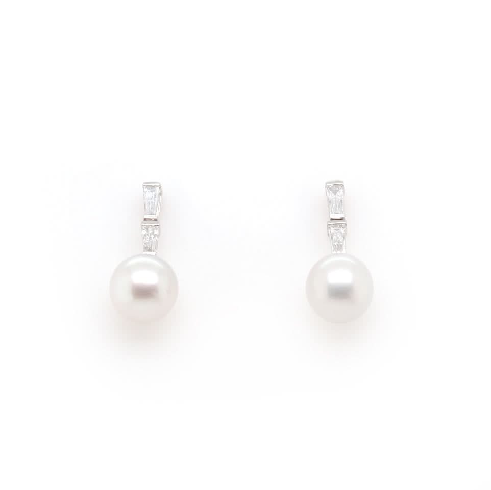 Ogden of Harrogate Jewellery 18CT White Gold 9mm Cultured Pearl and Diamond Drop Earrings